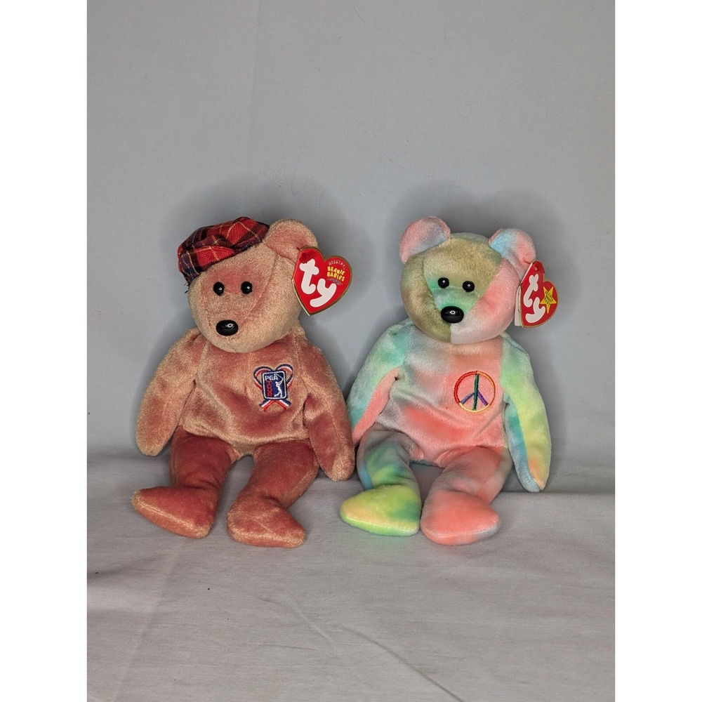 Ty Beanie Babies PGA  Tour‎ Golf Bear 2004 And Tye Dye Peace Bear